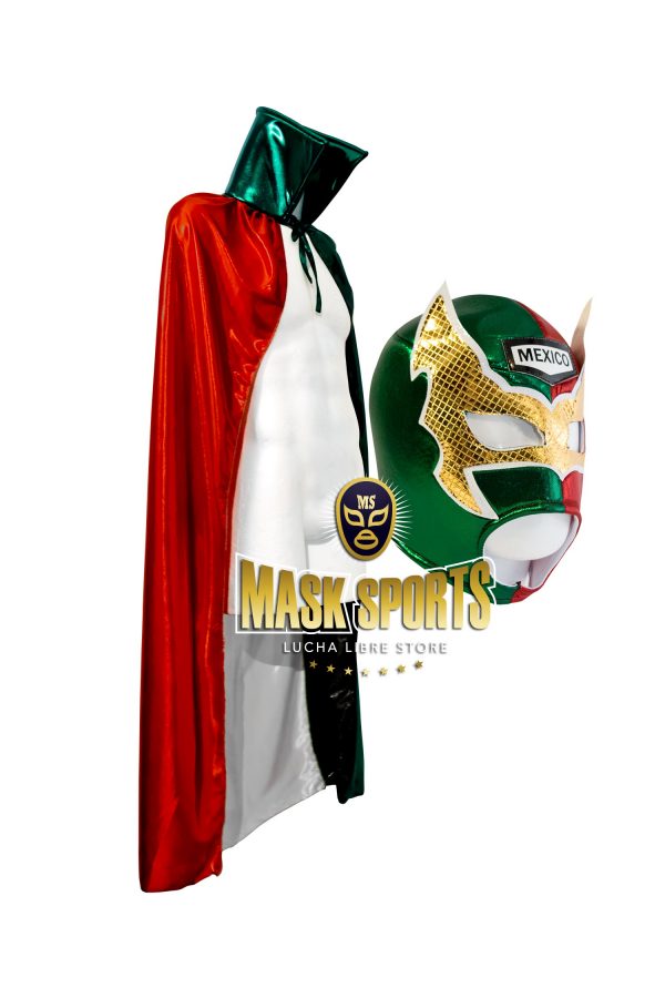 Sin Cara mask with Mexico patch in front & metallic cape tricolor flag